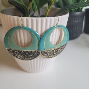 Large Round Circle Dangle Turquoise Enamel and Gold Filigree Design Earrings